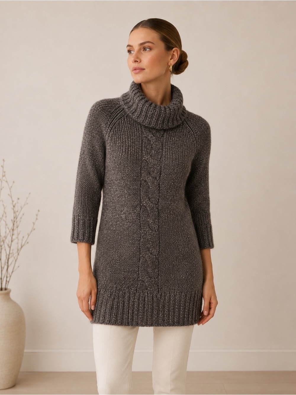 Vince Sweater Womens Small Brown Gray Wool Cowl Neck Tunic Dress Made Italy‎